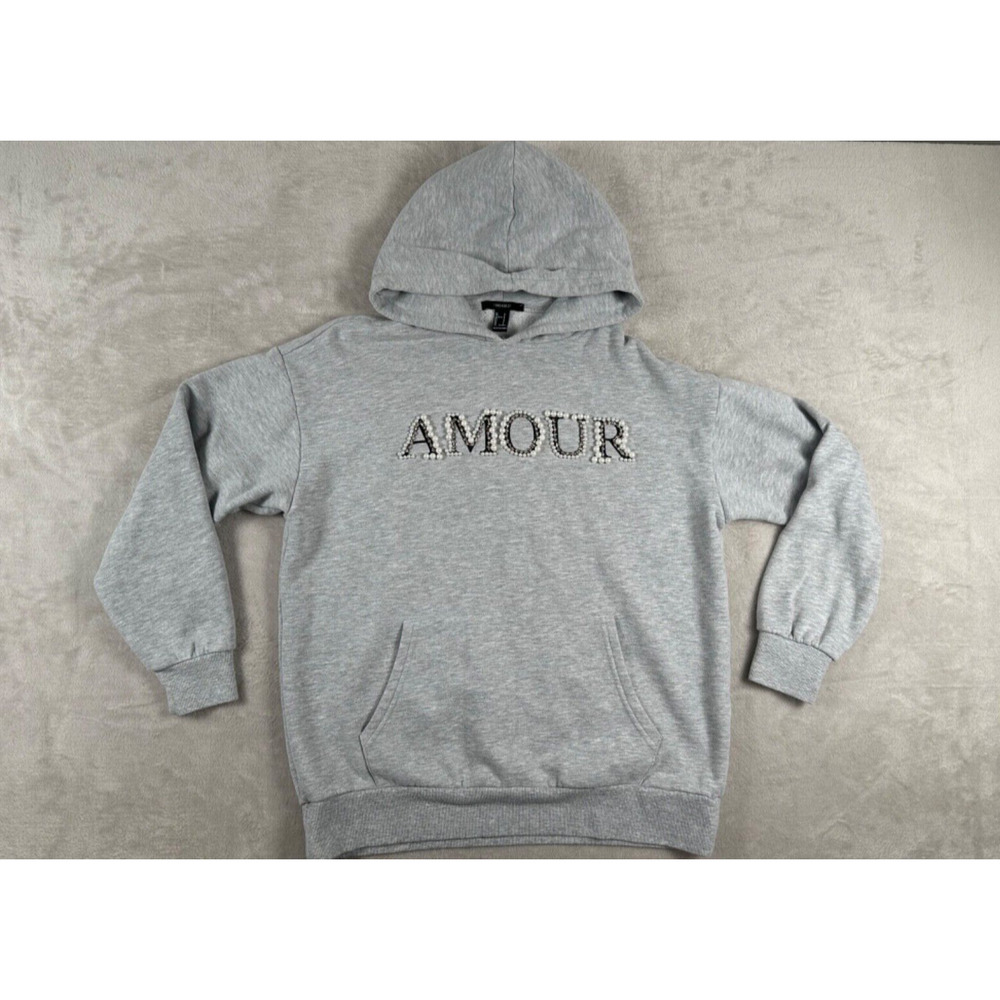 Forever 21 Womens Gray Amour Pullover Hoodie Sweater Pearls Rhinestones Size S